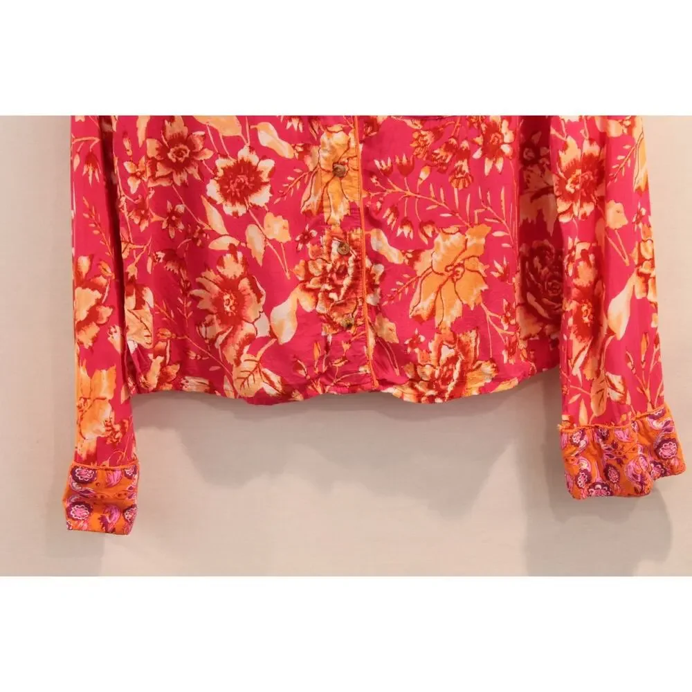 Anthropologie Kari Rayon Pajama Top Womens size S Pink Floral Mix Patchwork Trim
